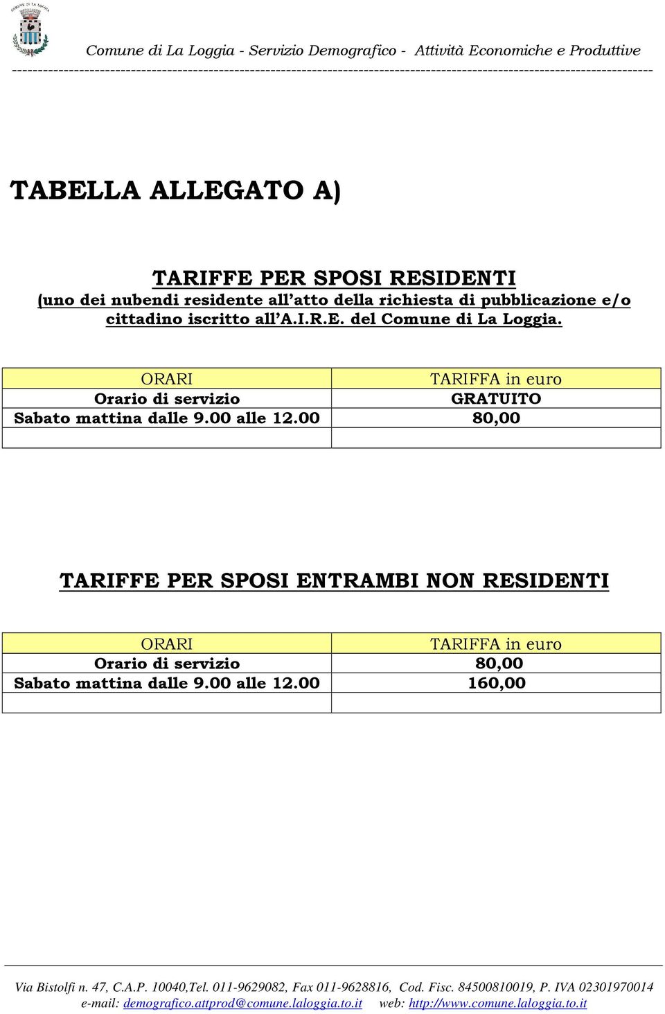 ORARI TARIFFA in euro Orario di servizio GRATUITO Sabato mattina dalle 9.00 alle 12.