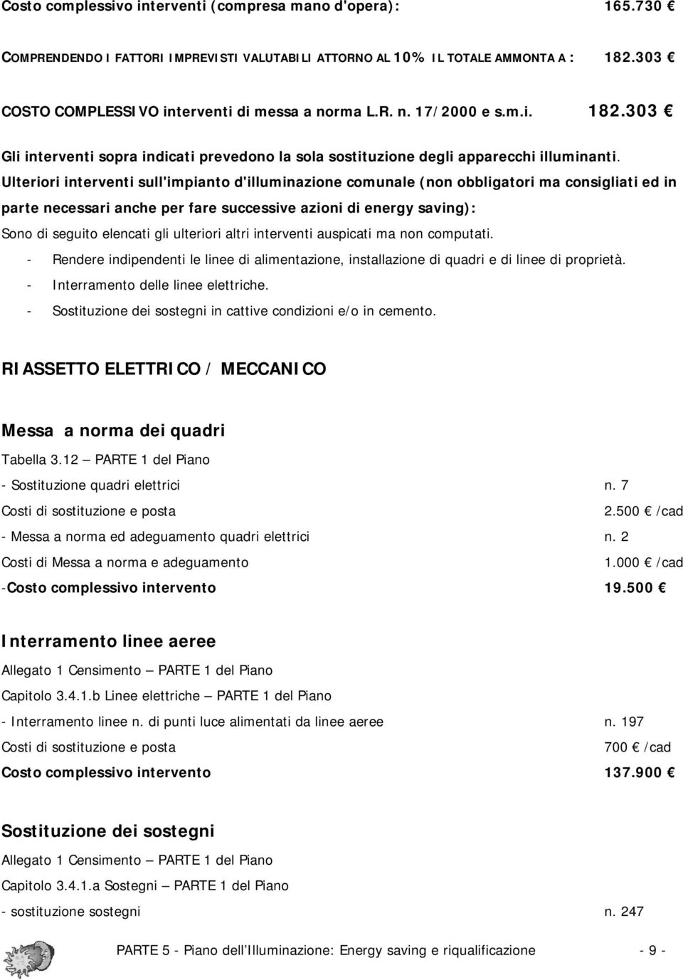 Ulteriori interventi sull'impianto d'illuminazione comunale (non obbligatori ma consigliati ed in parte necessari anche per fare successive azioni di energy saving): Sono di seguito elencati gli