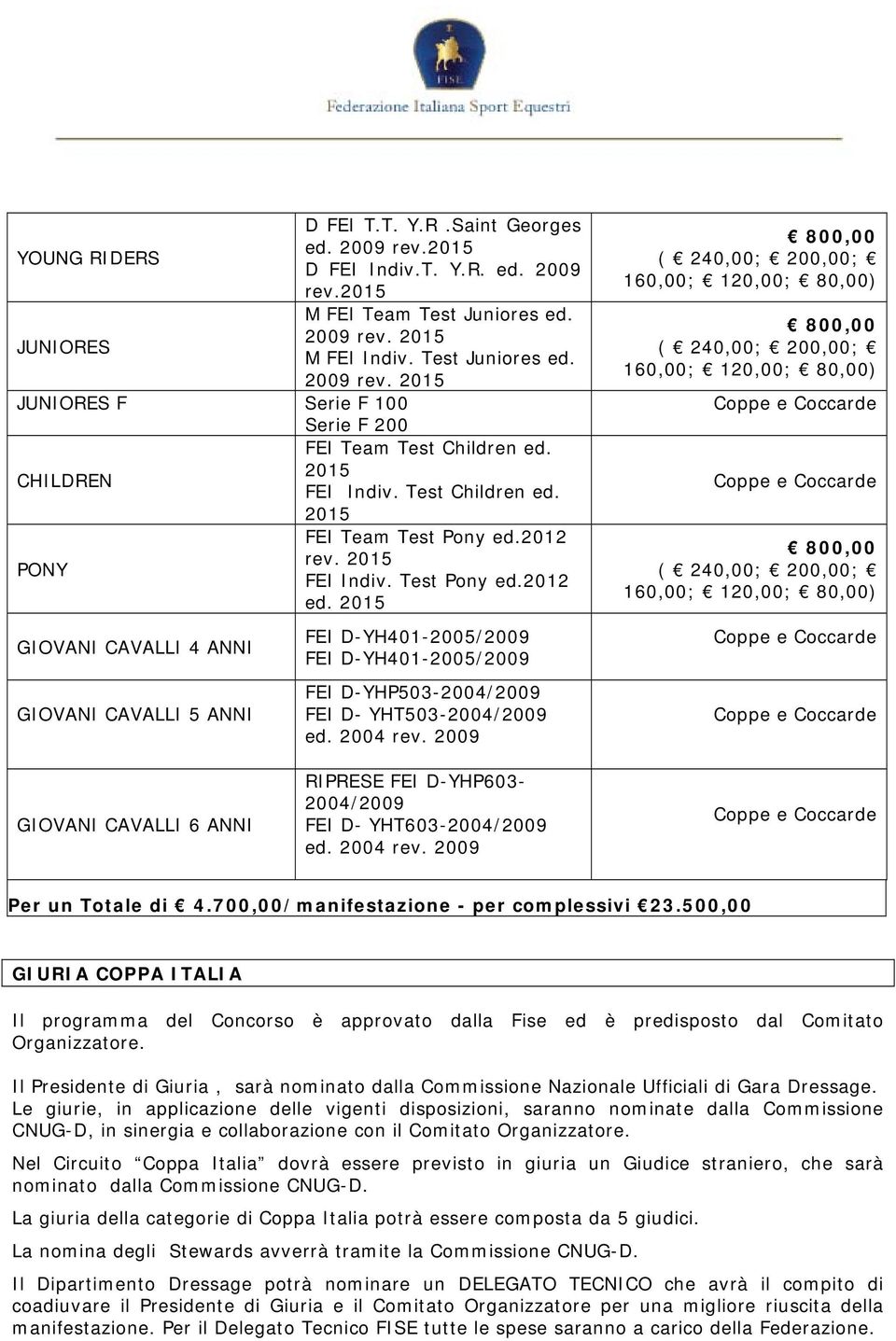 GIOVANI CAVALLI 4 ANNI GIOVANI CAVALLI 5 ANNI FEI D-YH401-2005/2009 FEI D-YH401-2005/2009 FEI D-YHP503-2004/2009 FEI D- YHT503-2004/2009 ed. 2004 rev.