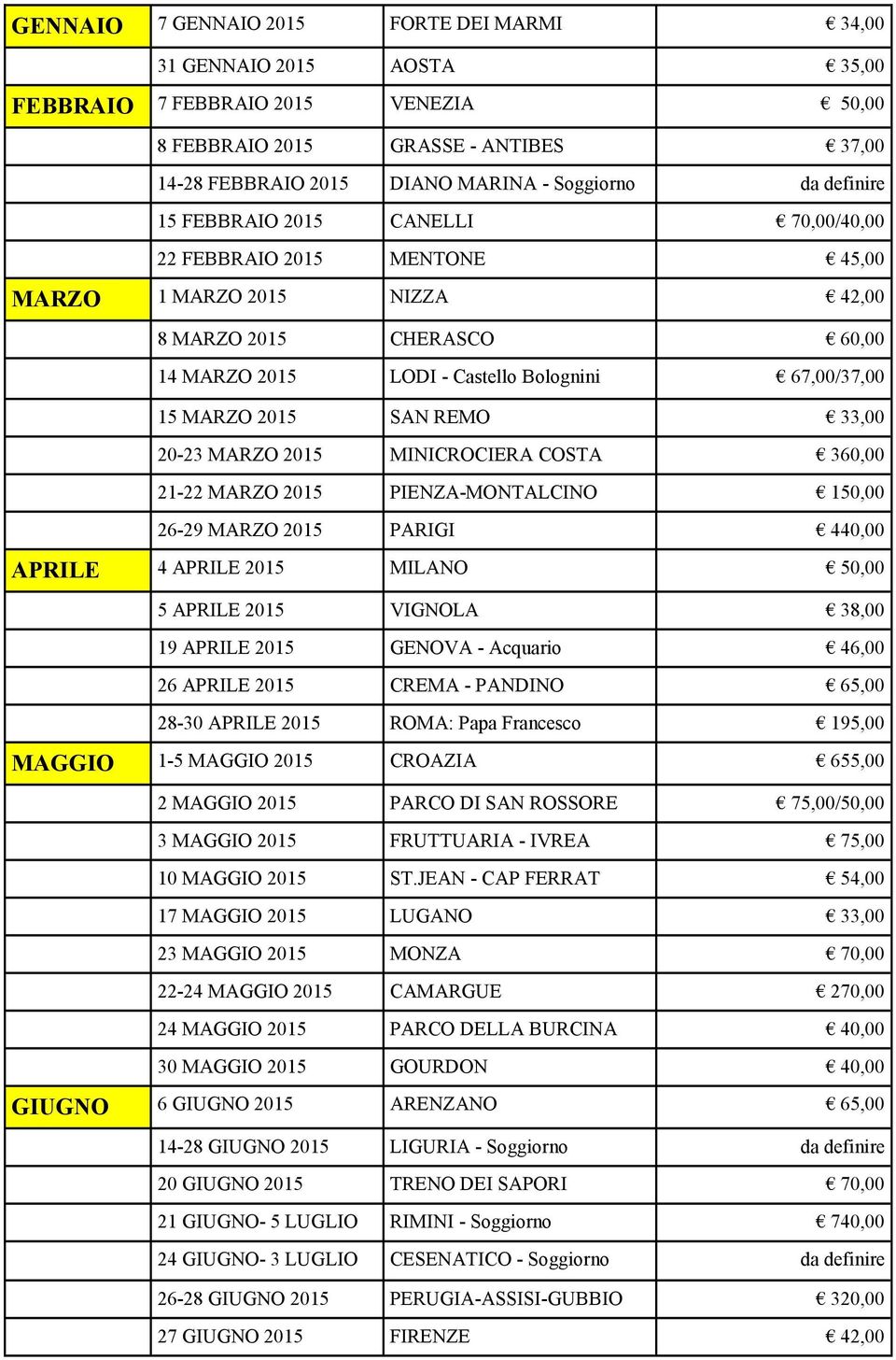 2015 SAN REMO 33,00 20-23 MARZO 2015 MINICROCIERA COSTA 360,00 21-22 MARZO 2015 PIENZA-MONTALCINO 150,00 26-29 MARZO 2015 PARIGI 440,00 APRILE 4 APRILE 2015 MILANO 50,00 5 APRILE 2015 VIGNOLA 38,00