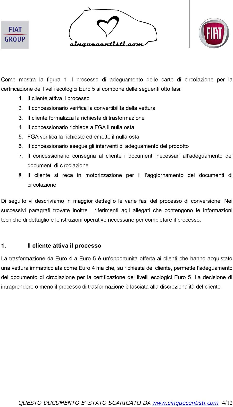 FGA verifica la richieste ed emette il nulla osta 6. Il concessionario esegue gli interventi di adeguamento del prodotto 7.