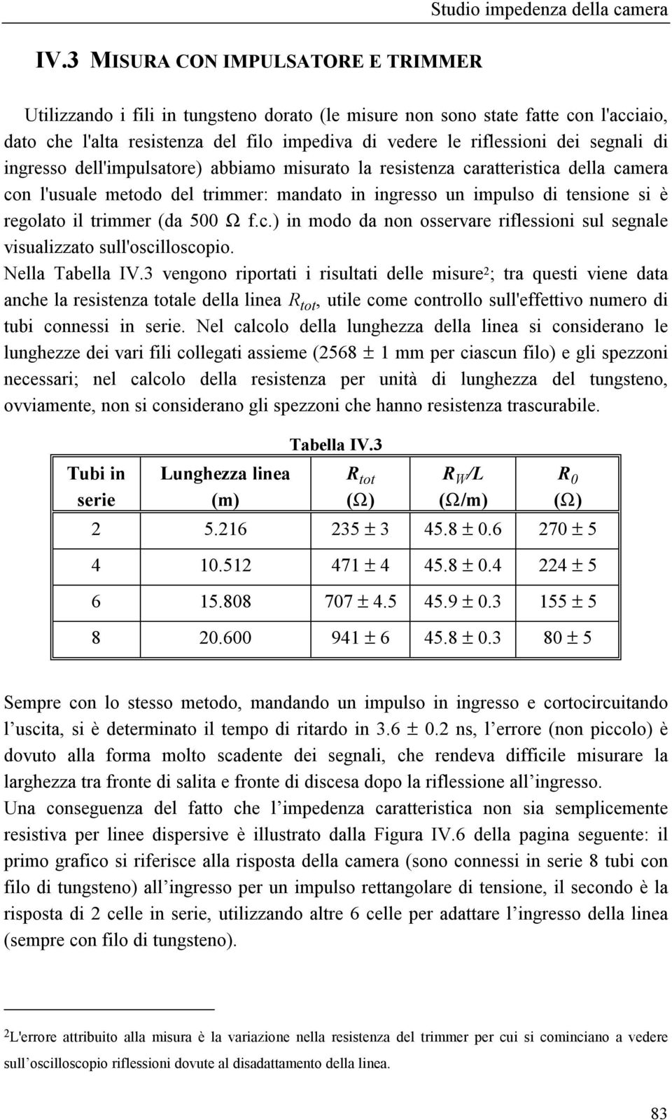 (da 5 Ω f.c.) in modo da non osservare riflessioni sul segnale visualizzato sull'oscilloscopio. Nella Tabella IV.