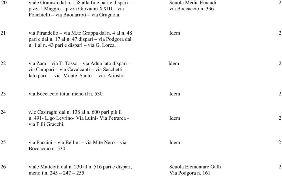 Tasso via Adua lato dispari - Idem 2 via Campari via Cavalcanti via Sacchetti lato pari via Monte Santo via Ariosto. 23 via Boccaccio tutta, meno il n. 530. Idem 2 24 v.le Casiraghi dal n. 138 al n.