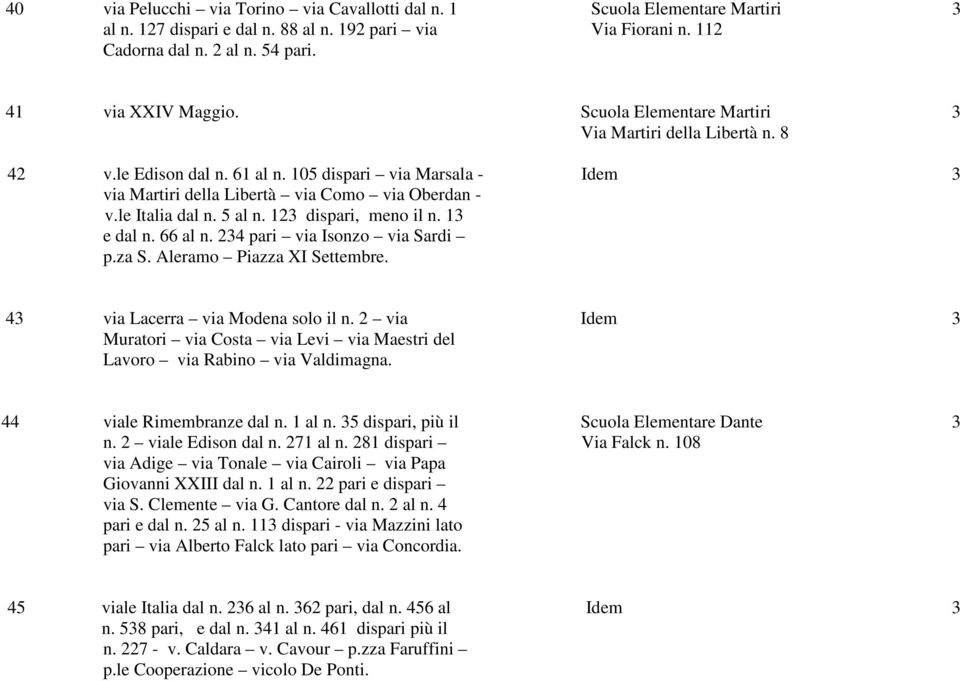 123 dispari, meno il n. 13 e dal n. 66 al n. 234 pari via Isonzo via Sardi p.za S. Aleramo Piazza XI Settembre. 43 via Lacerra via Modena solo il n.