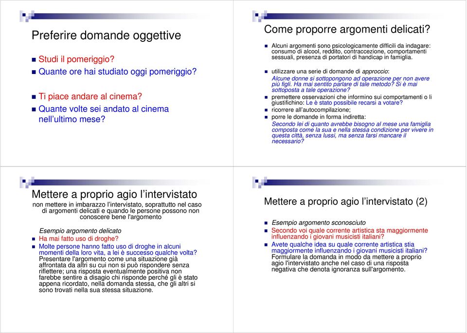 Alcuni argomenti sono psicologicamente difficili da indagare: consumo di alcool, reddito, contraccezione, comportamenti sessuali, presenza di portatori di handicap in famiglia.