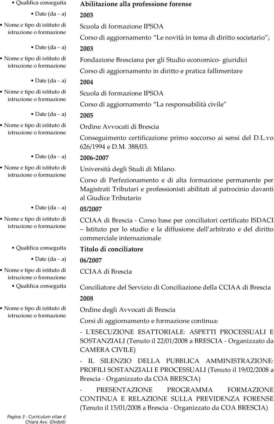 IPSOA Corso di aggiornamento La responsabilità civile Ordine Avvocati di Brescia Conseguimento certificazione primo soccorso ai sensi del D.L.vo 626/1994 e D.M. 388/03.