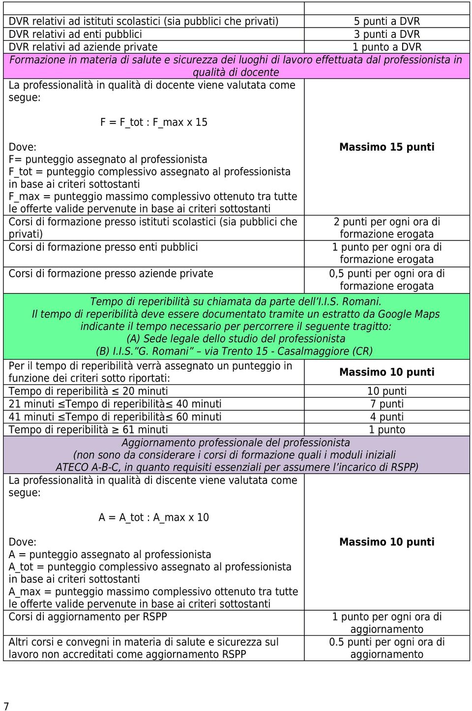 al professionista F_tot = punteggio complessivo assegnato al professionista in base ai criteri sottostanti F_max = punteggio massimo complessivo ottenuto tra tutte le offerte valide pervenute in base