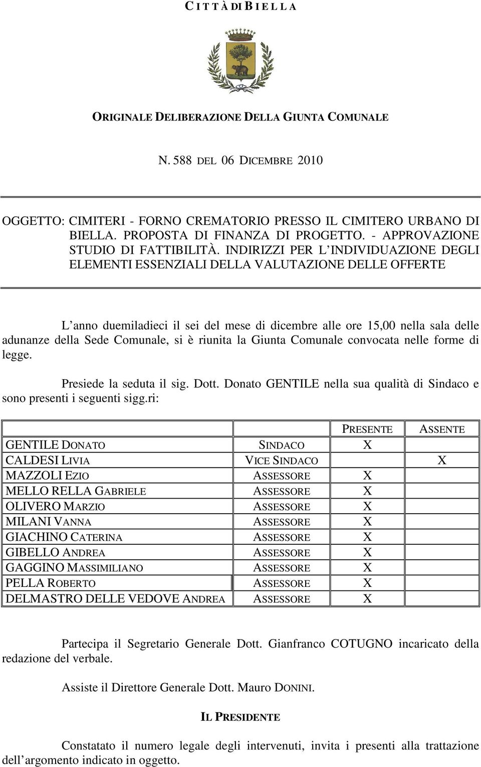 INDIRIZZI PER L INDIVIDUAZIONE DEGLI ELEMENTI ESSENZIALI DELLA VALUTAZIONE DELLE OFFERTE L anno duemiladieci il sei del mese di dicembre alle ore 15,00 nella sala delle adunanze della Sede Comunale,