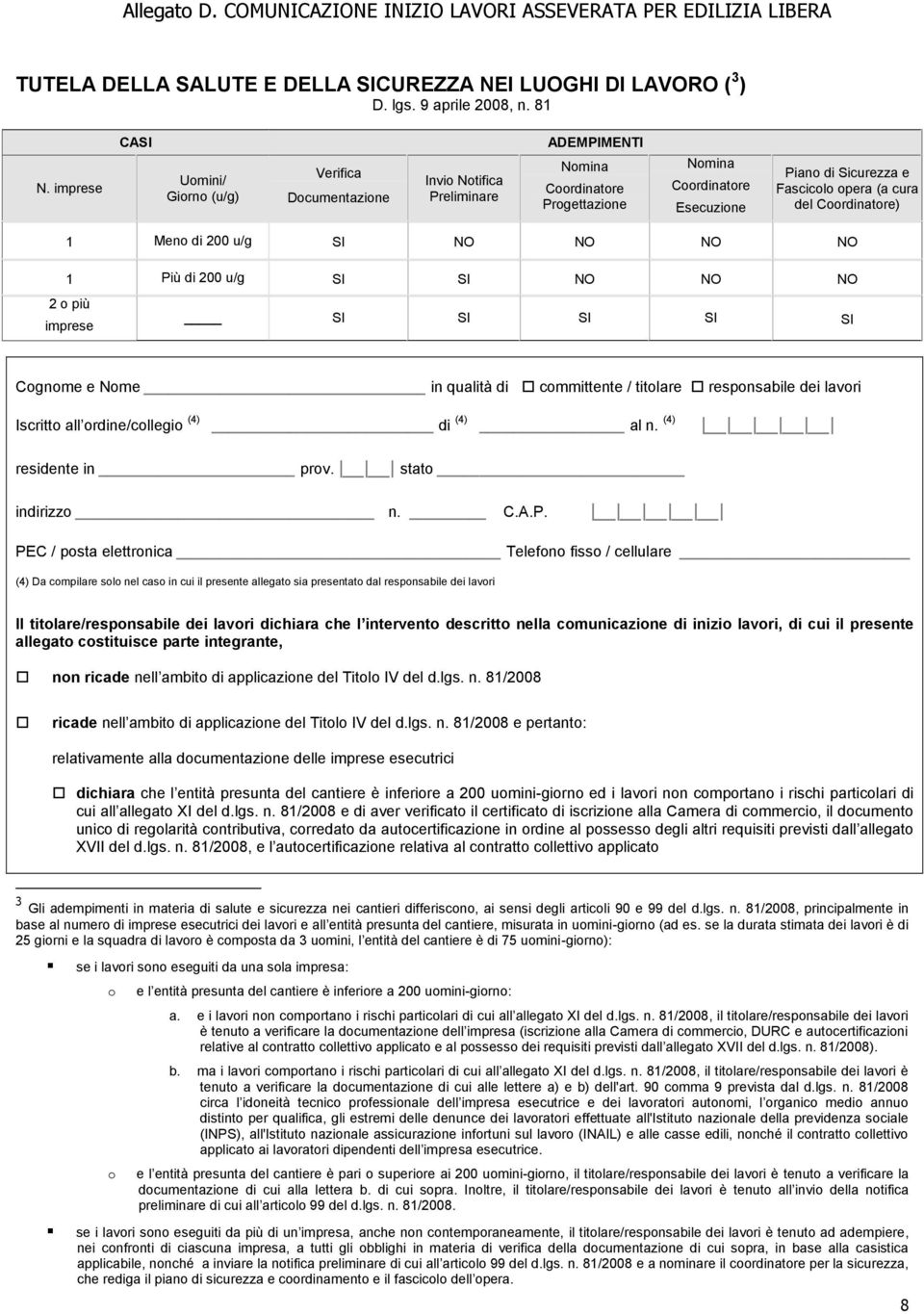 (a cura del Coordinatore) 1 Meno di 200 u/g SI NO NO NO NO 1 Più di 200 u/g SI SI NO NO NO 2 o più imprese SI SI SI SI SI Cognome e Nome in qualità di committente / titolare responsabile dei lavori