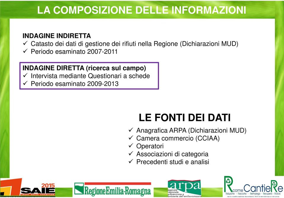 Intervista mediante Questionari a schede Periodo esaminato 2009-2013 LE FONTI DEI DATI Anagrafica