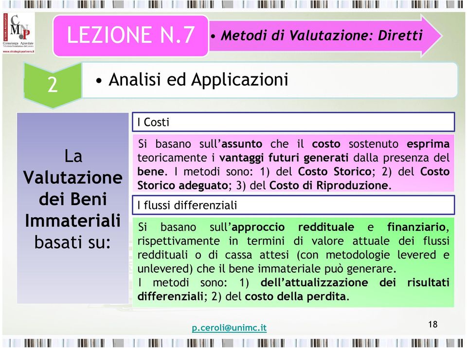 I flussi differenziali Si basano sull approccio reddituale e finanziario, rispettivamente in termini di valore attuale dei flussi reddituali o di cassa