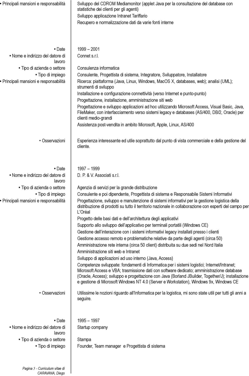 zzazione dati da varie fonti interne Date 1999 2001 Nome e indirizzo del 