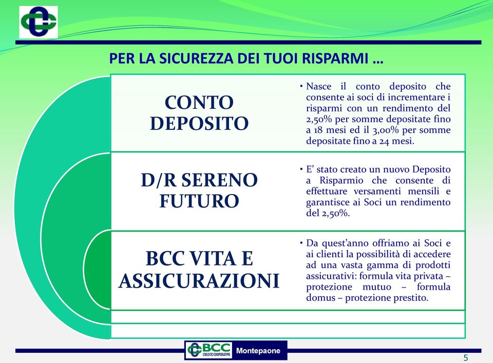 E stato creato un nuovo Deposito a Risparmio che consente di effettuare versamenti mensili e garantisce ai Soci un rendimento del 2,50%.