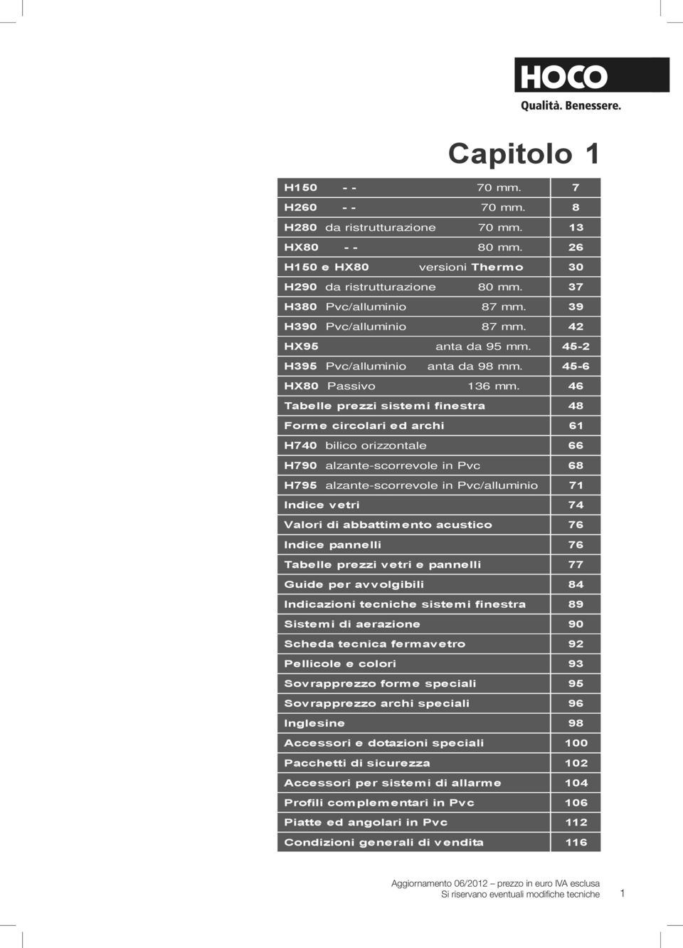 46 Tabelle prezzi sistemi finestra 48 Forme circolari ed archi 61 H740 bilico orizzontale 66 H790 alzante-scorrevole in Pvc 68 H795 alzante-scorrevole in Pvc/alluminio 71 Indice vetri 74 Valori di