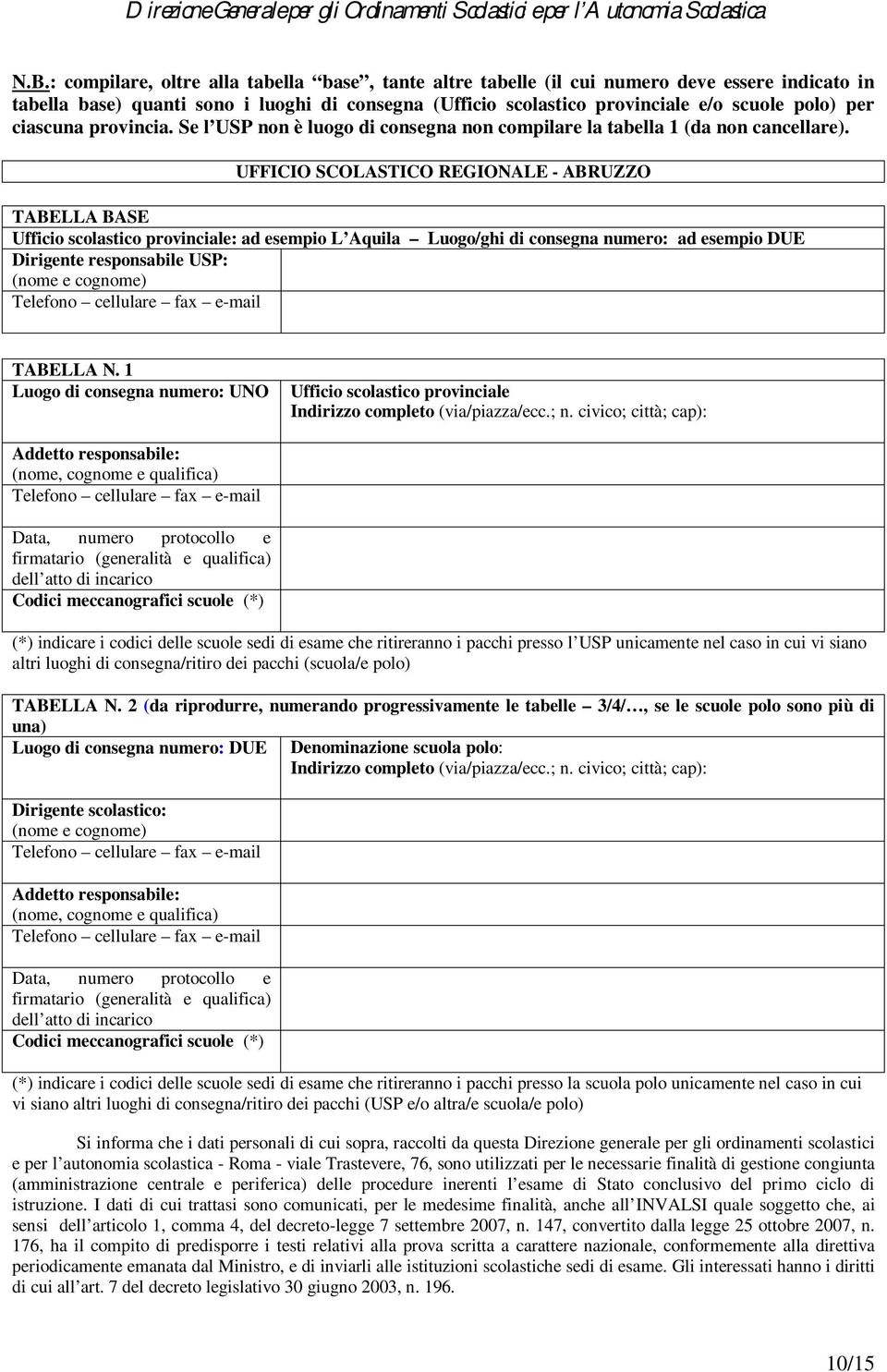 UFFICIO SCOLASTICO REGIONALE - ABRUZZO TABELLA BASE Ufficio scolastico provinciale: ad esempio L Aquila Luogo/ghi di consegna numero: ad esempio DUE Dirigente responsabile USP: (nome e cognome)