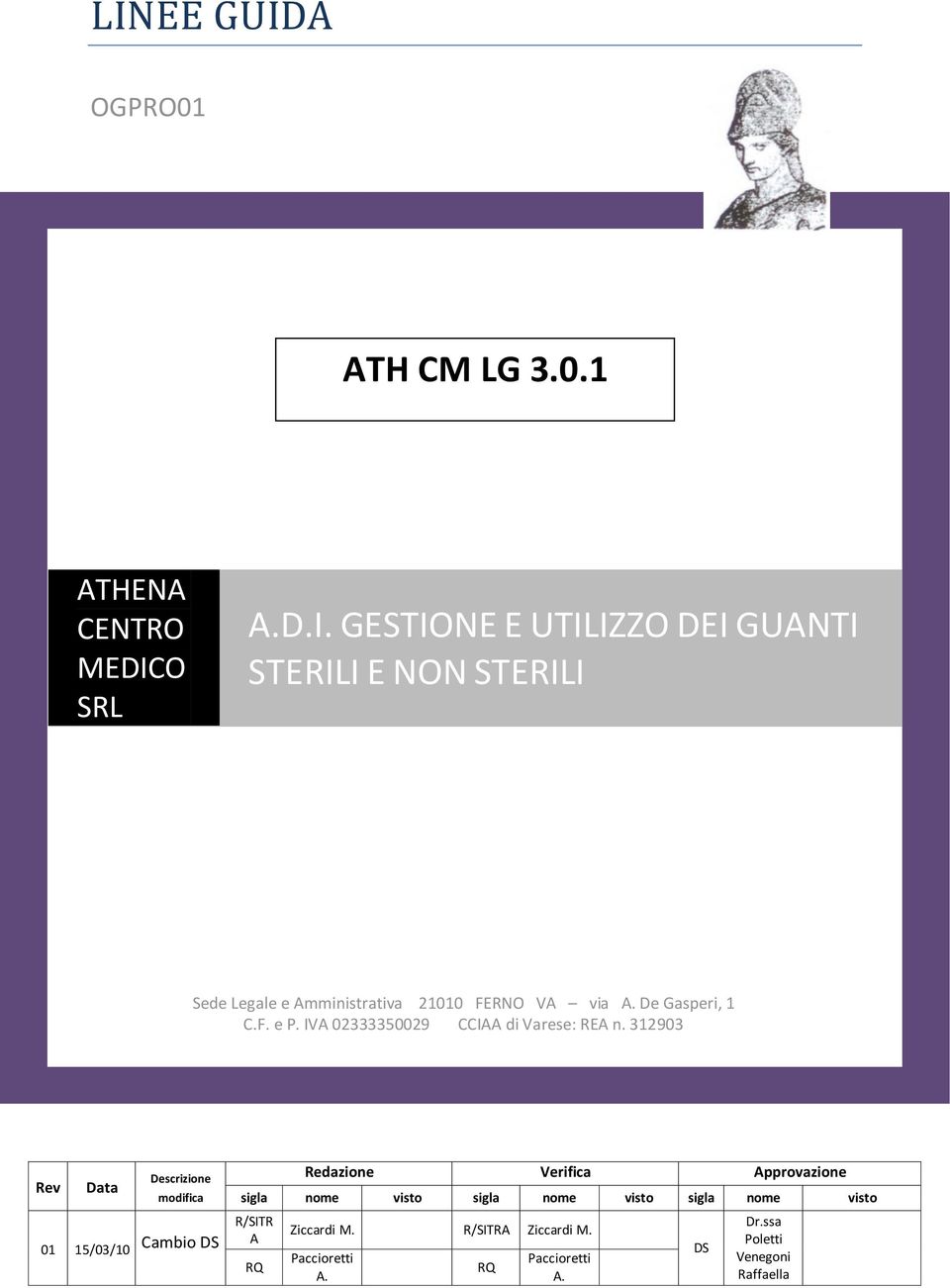 312903 Rev Data Descrizione modifica 01 15/03/10 Cambio DS Redazione Verifica Approvazione sigla nome visto sigla nome