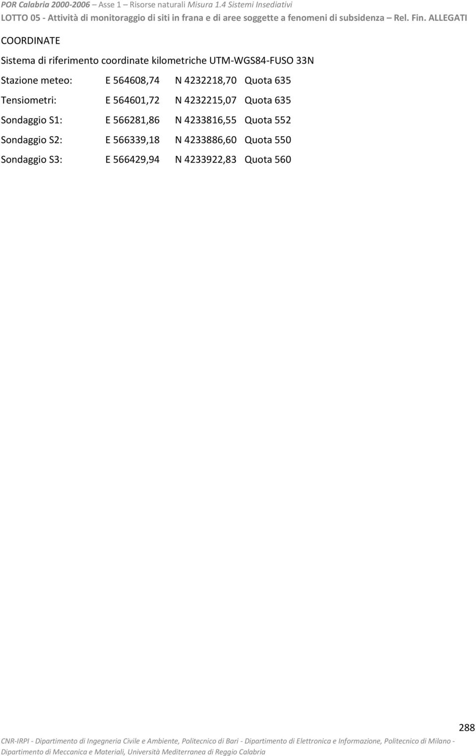 4232215,07 Quota 635 Sondaggio S1: E 566281,86 N 4233816,55 Quota 552 Sondaggio