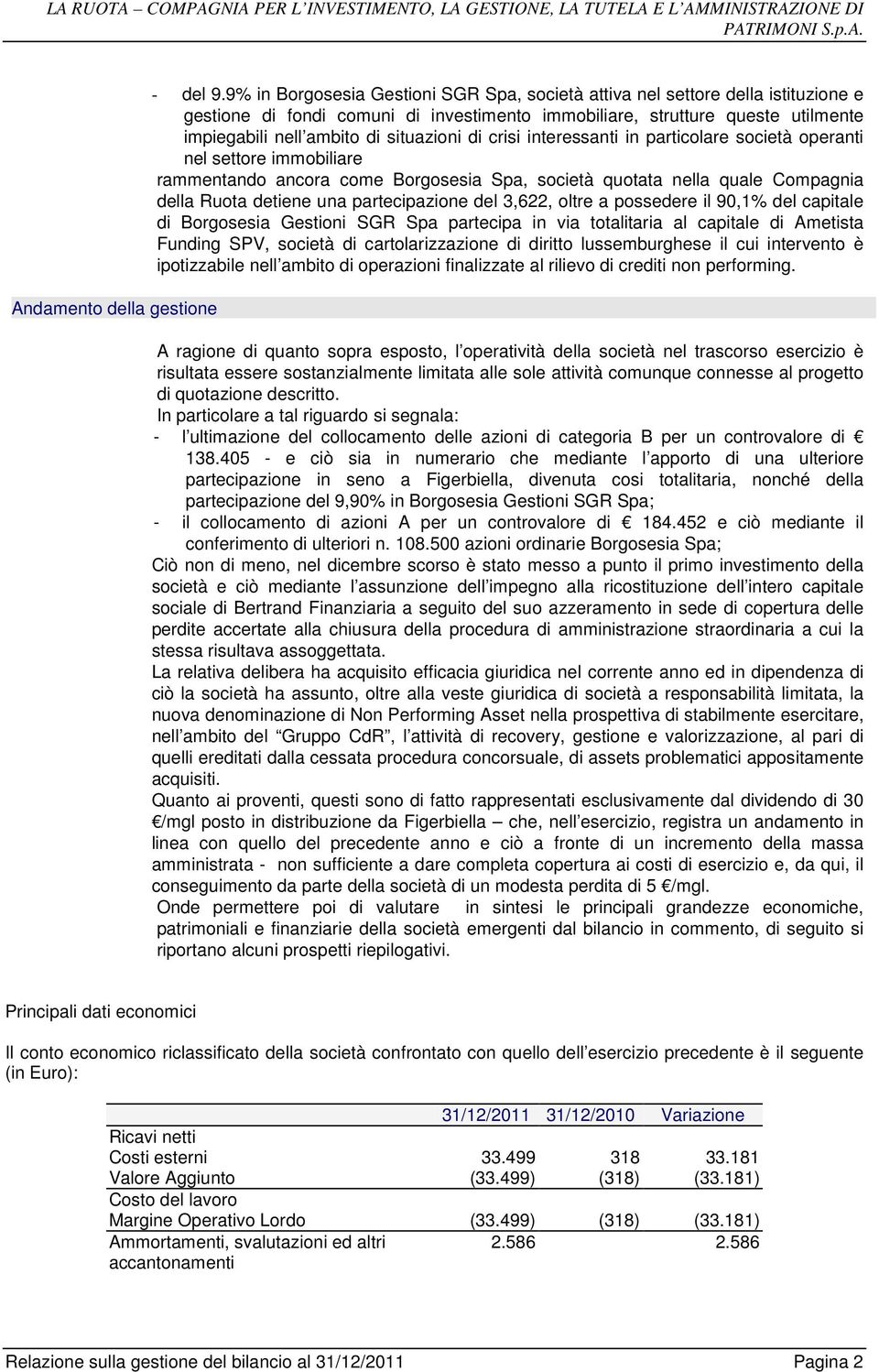 situazioni di crisi interessanti in particolare società operanti nel settore immobiliare rammentando ancora come Borgosesia Spa, società quotata nella quale Compagnia della Ruota detiene una