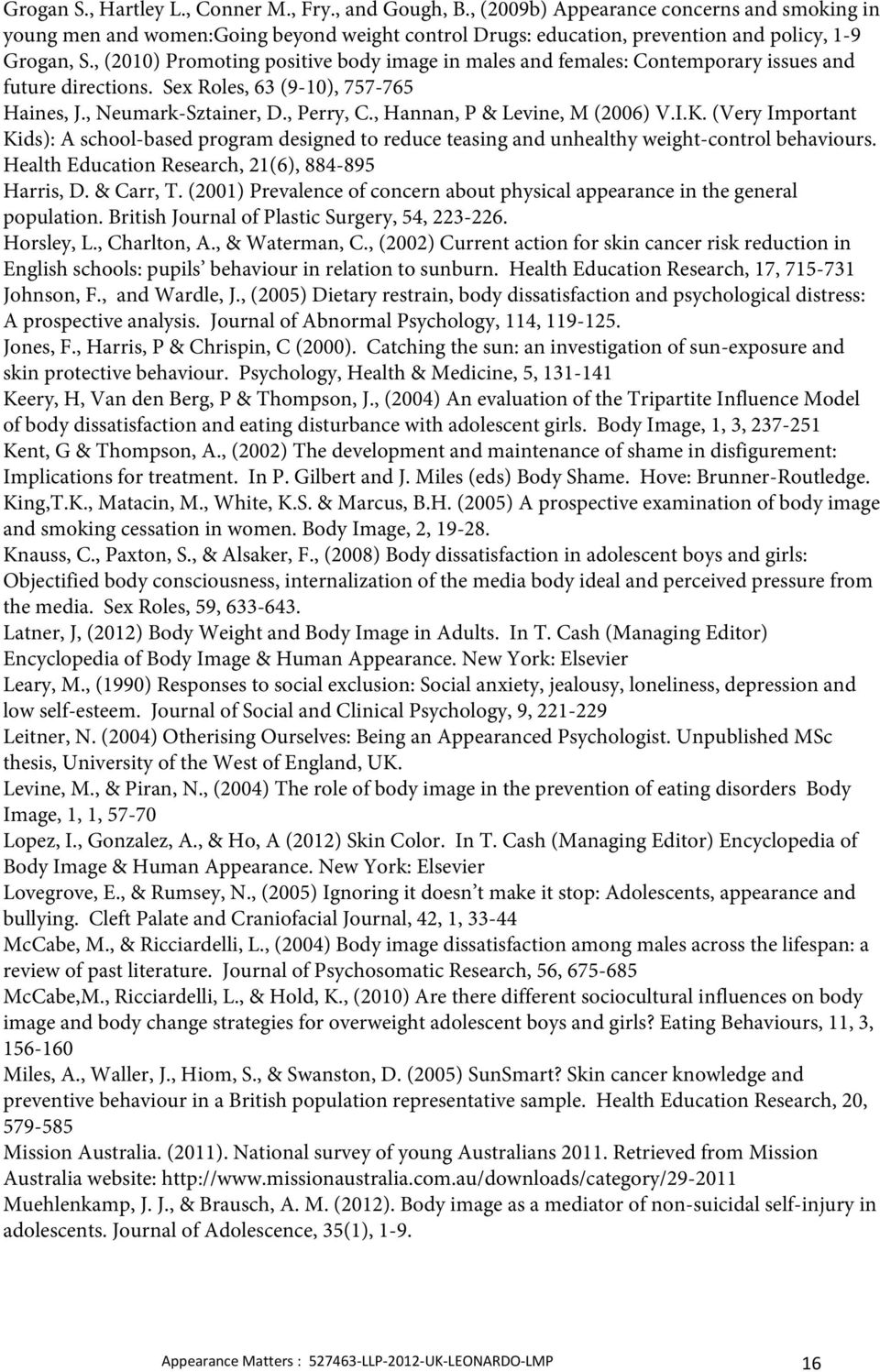 , (2010) Promoting positive body image in males and females: Contemporary issues and future directions. Sex Roles, 63 (9-10), 757-765 Haines, J., Neumark-Sztainer, D., Perry, C.