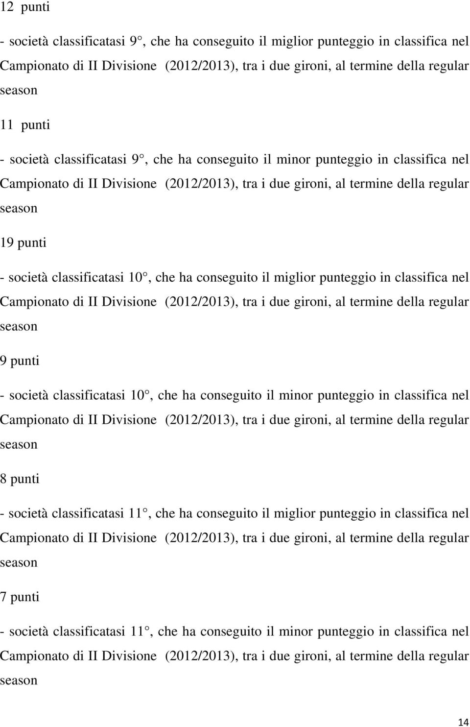 nel 9 punti - società classificatasi 10, che ha conseguito il minor punteggio in classifica nel 8 punti - società classificatasi 11, che ha