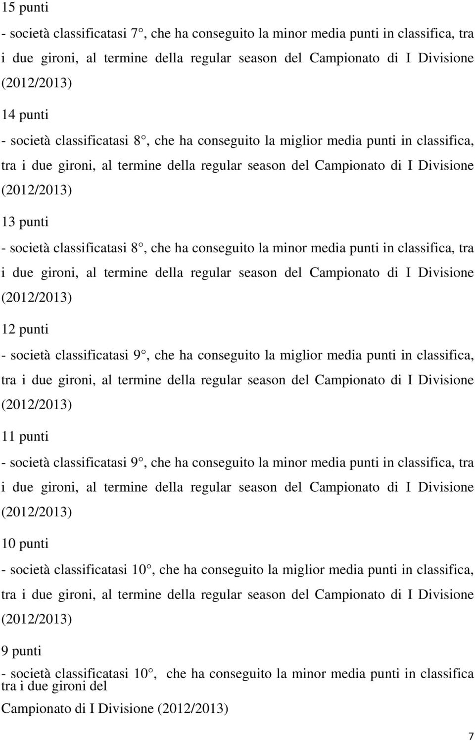 media punti in classifica, tra i due gironi, al termine della regular del Campionato di I Divisione 12 punti - società classificatasi 9, che ha conseguito la miglior media punti in classifica, tra i