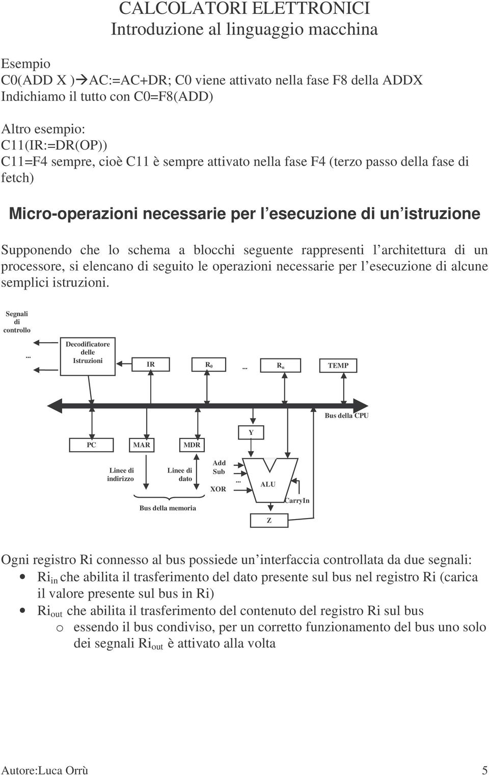 seguito le operazioni necessarie per l esecuzione di alcune semplici istruzioni. Segnali di controllo... Decodificatore delle Istruzioni IR R 0.