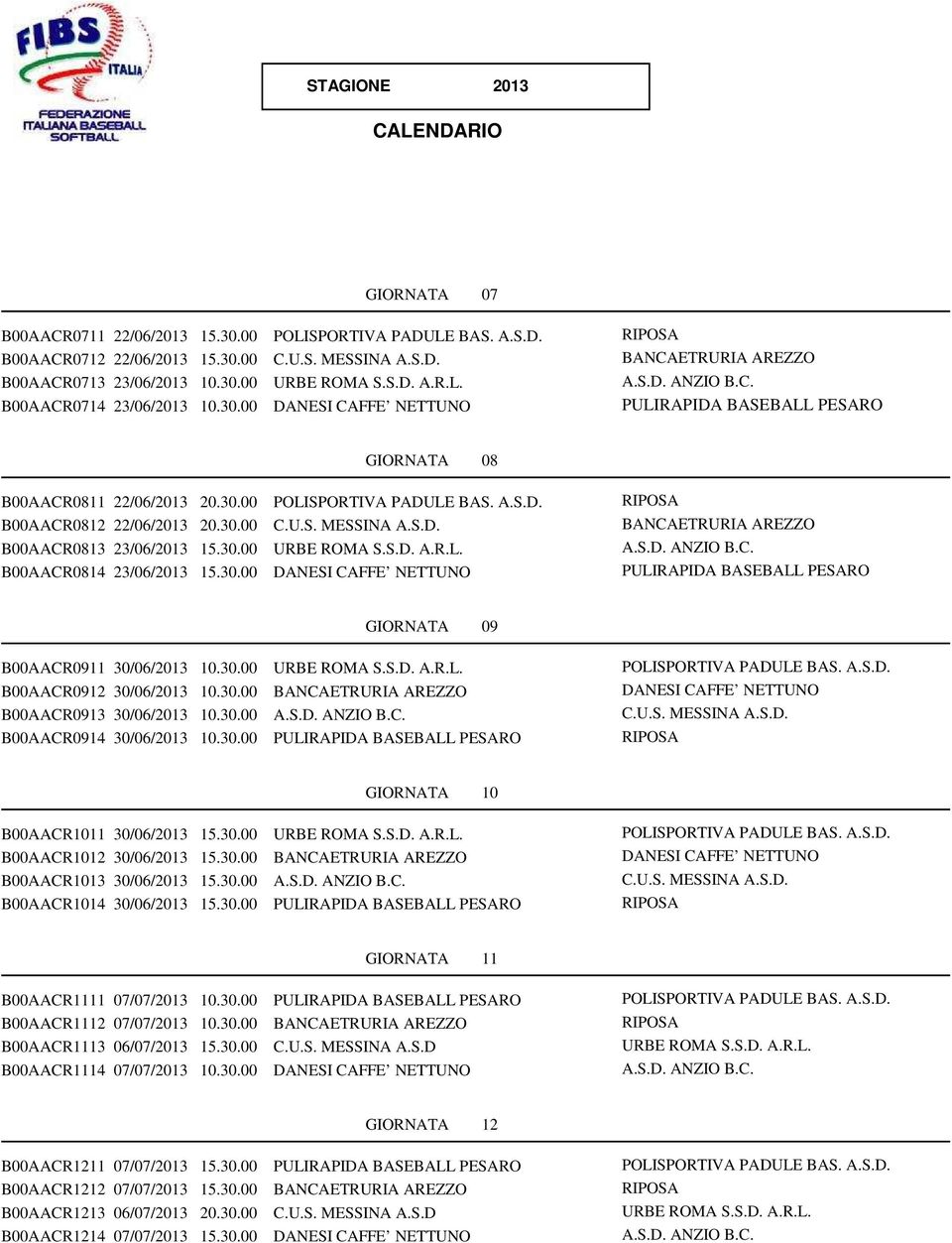 30.00 GIORNATA 10 B00AACR1011 30/06/2013 15.30.00 B00AACR1012 30/06/2013 15.30.00 B00AACR1013 30/06/2013 15.30.00 B00AACR1014 30/06/2013 15.30.00 GIORNATA 11 B00AACR1111 07/07/2013 10.30.00 B00AACR1112 07/07/2013 10.