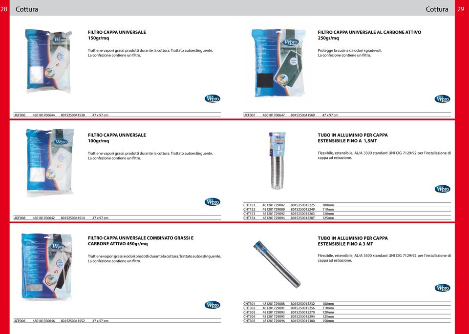 UGF006 480181700644 8015250041538 47 x 97 cm UCF007 480181700647 8015250041569 47 x 97 cm FILTRO CAPPA UNIVERSALE 100gr/mq Trattiene vapori grassi prodotti durante la cottura.