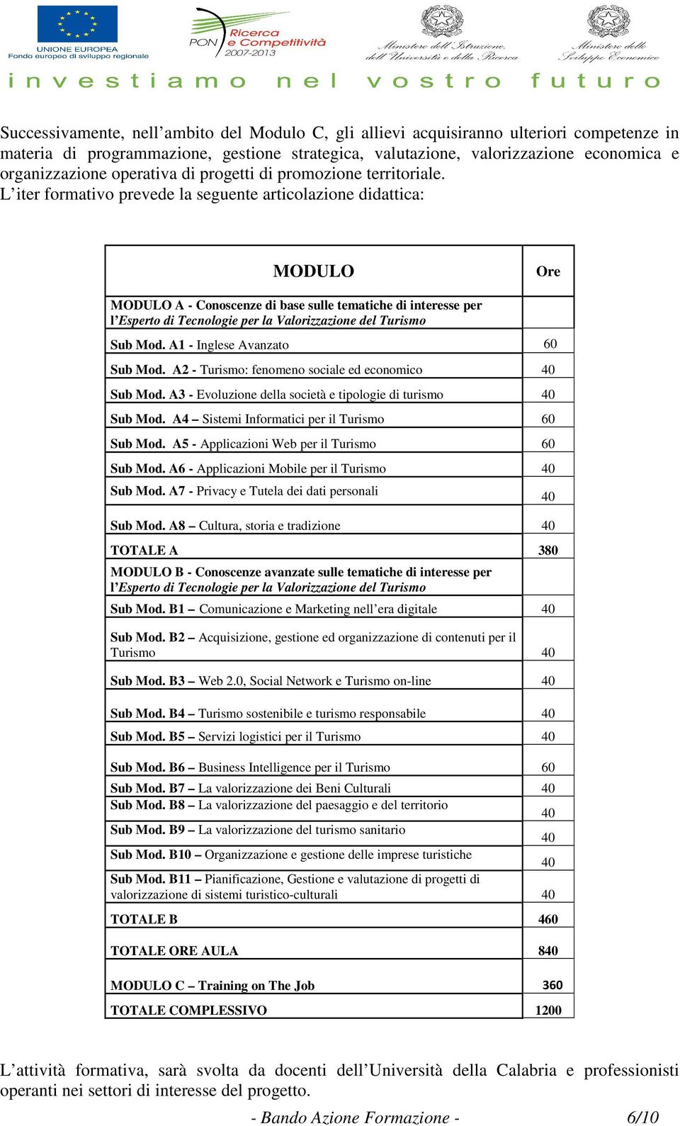 L iter formativo prevede la seguente articolazione didattica: MODULO Ore MODULO A - Conoscenze di base sulle tematiche di interesse per l Esperto di Tecnologie per la Valorizzazione del Turismo Sub