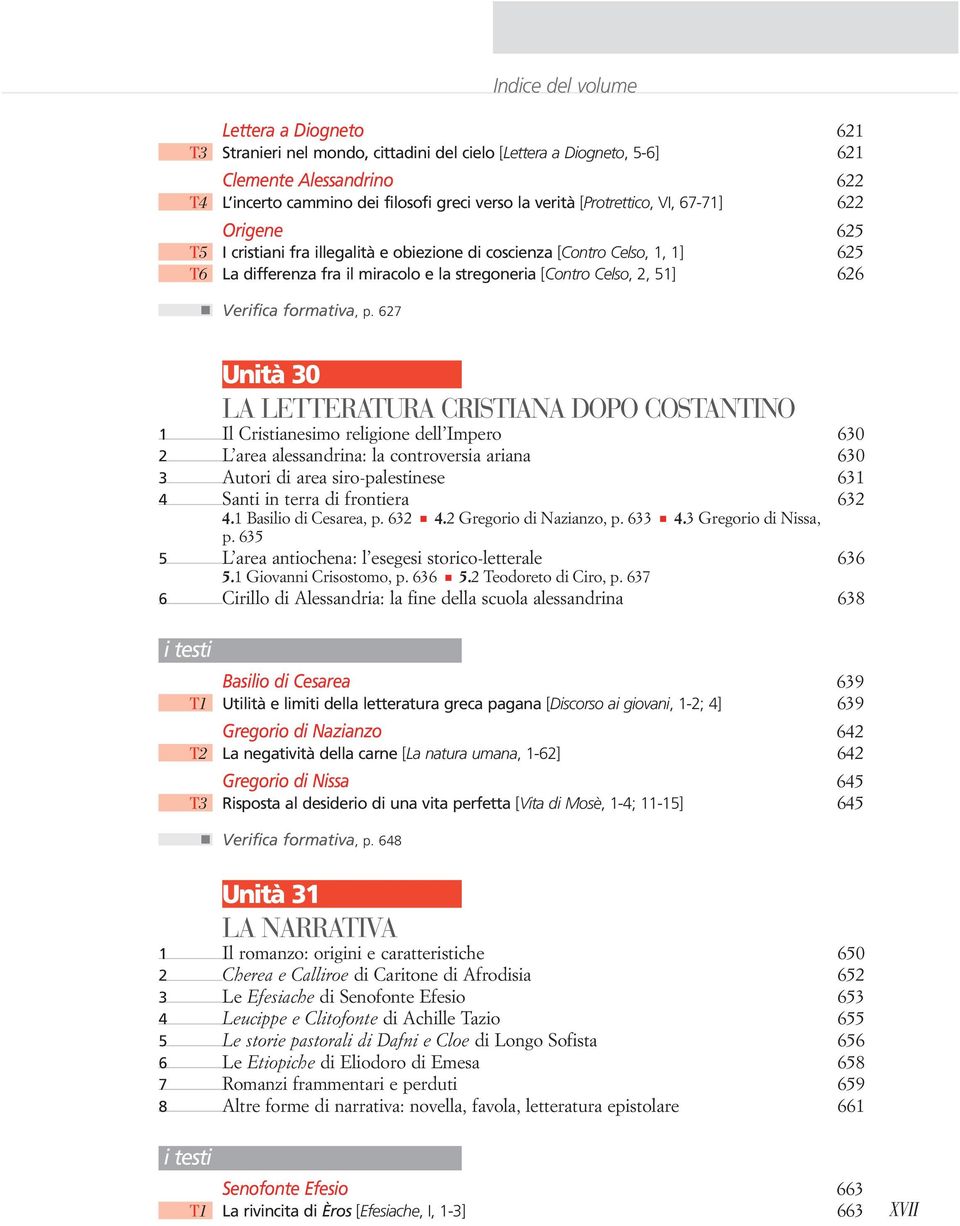 p. 627 Indice del volume Unità 30 LA LETTERATURA CRISTIANA DOPO COSTANTINO 1 Il Cristianesimo religione dell Impero 630 2 L area alessandrina: la controversia ariana 630 3 Autori di area