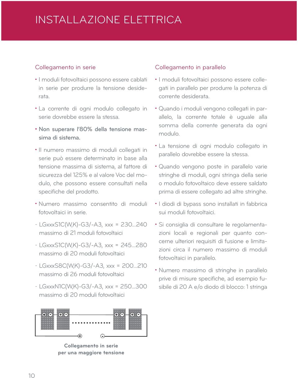 Il numero massimo di moduli collegati in serie può essere determinato in base alla tensione massima di sistema, al fattore di sicurezza del 125% e al valore Voc del modulo, che possono essere