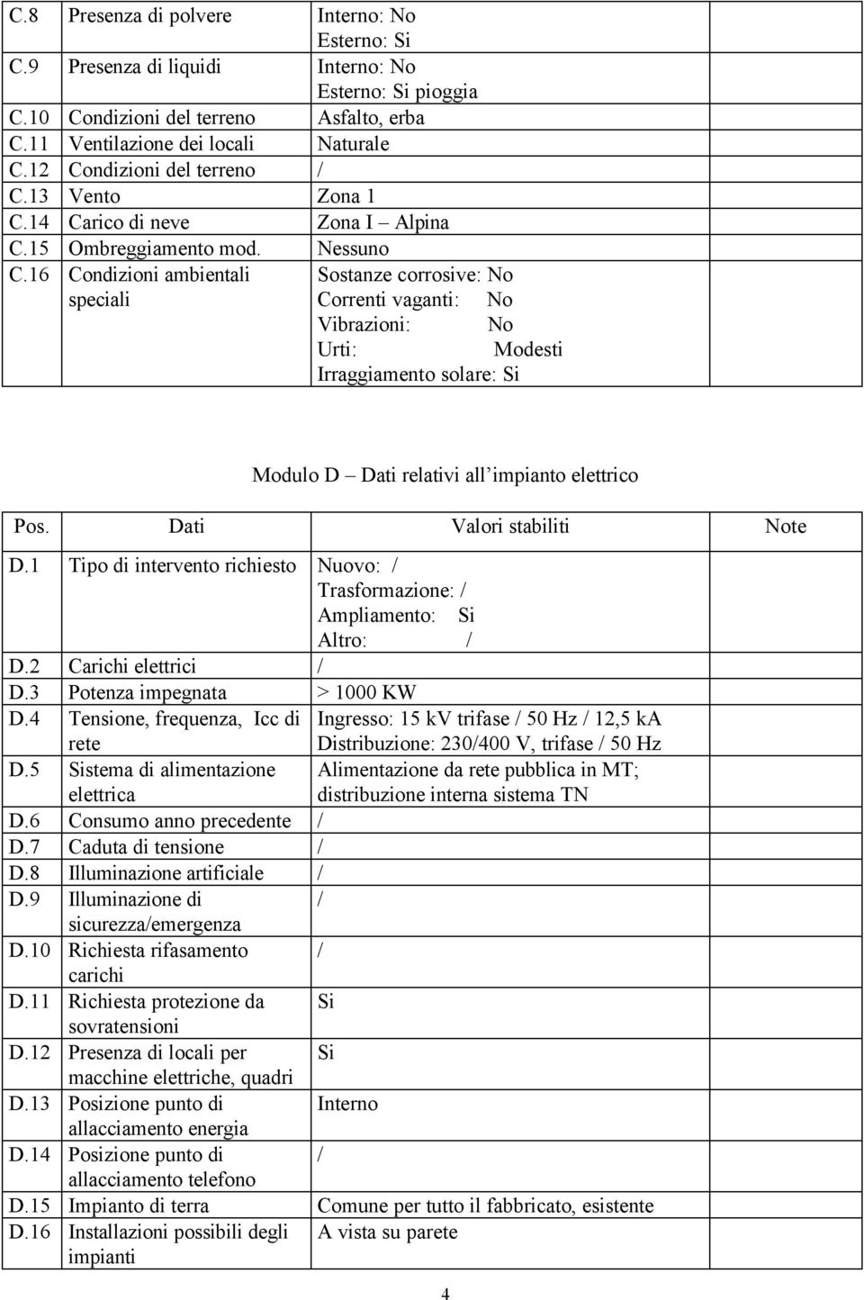 16 Condizioni ambientali Sostanze corrosive: No speciali Correnti vaganti: No Vibrazioni: No Urti: Modesti Irraggiamento solare: Si Modulo D Dati relativi all impianto elettrico Pos.