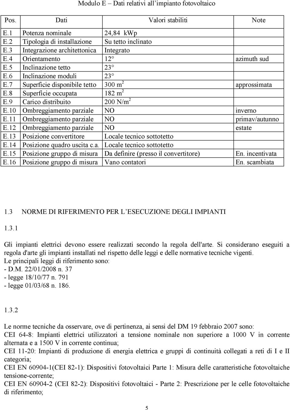 8 Superficie occupata 182 m 2 E.9 Carico distribuito 200 N/m 2 E.10 Ombreggiamento parziale NO inverno E.11 Ombreggiamento parziale NO primav/autunno E.12 Ombreggiamento parziale NO estate E.