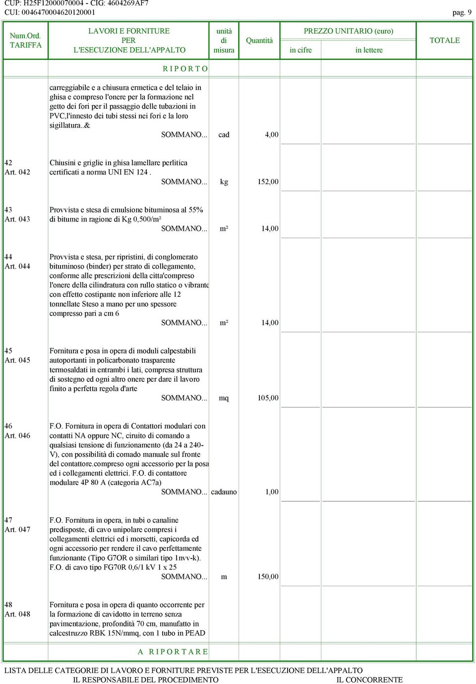 loro sigillatura..& SOMMANO... cad 4,00 42 Chiusini e griglie in ghisa lamellare perlitica Art. 042 certificati a norma UNI EN 124. SOMMANO... kg 152,00 43 Provvista e stesa di emulsione bituminosa al 55% Art.