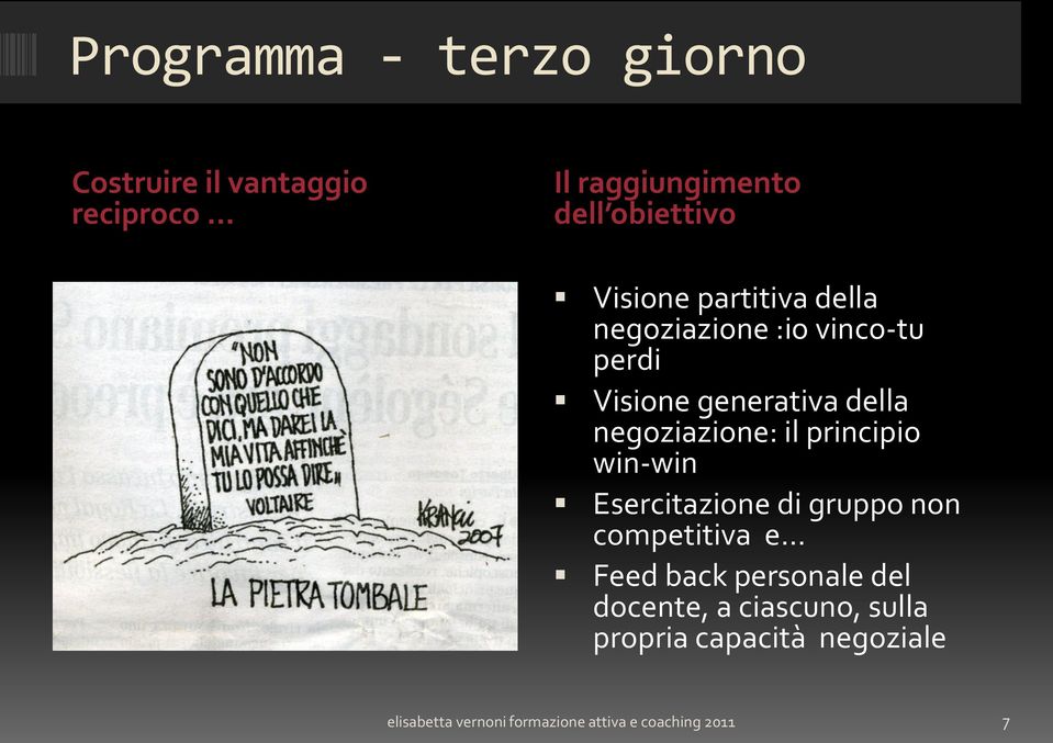 il principio win-win Esercitazione di gruppo non competitiva e Feed back personale del docente,