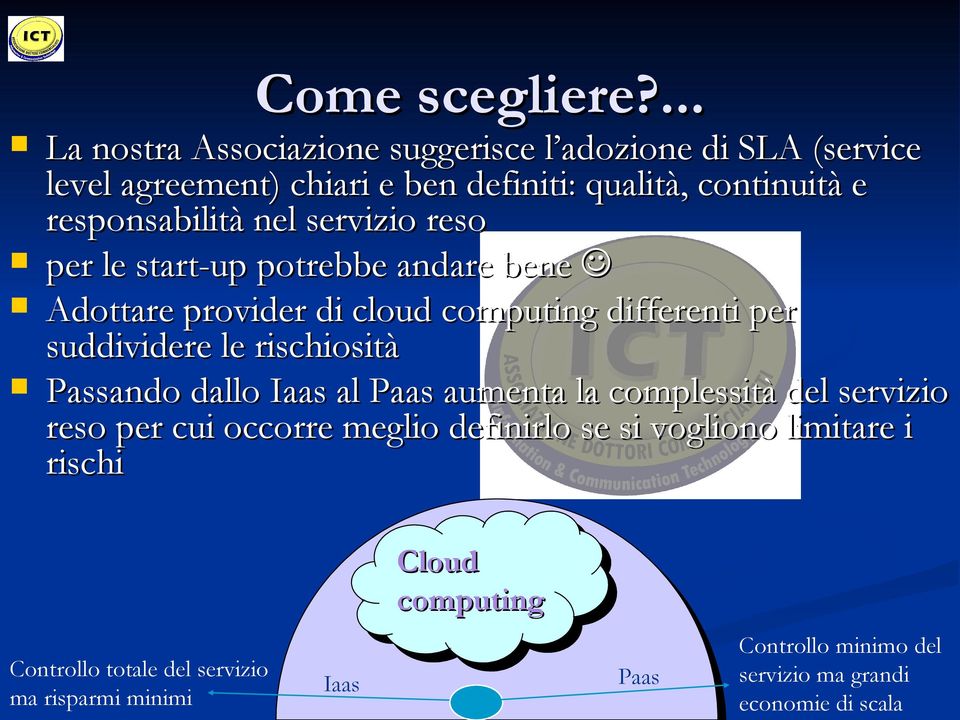 responsabilità nel servizio reso per le start-up potrebbe andare bene Adottare provider di cloud computing differenti per suddividere le