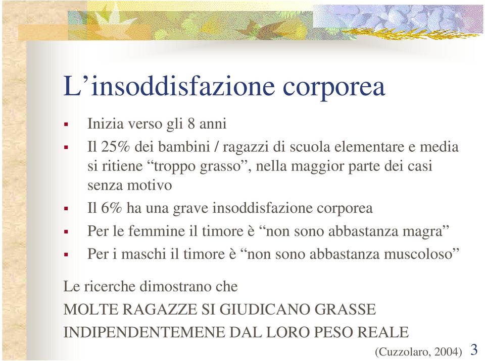 Per le femmine il timore è non sono abbastanza magra Per i maschi il timore è non sono abbastanza muscoloso Le