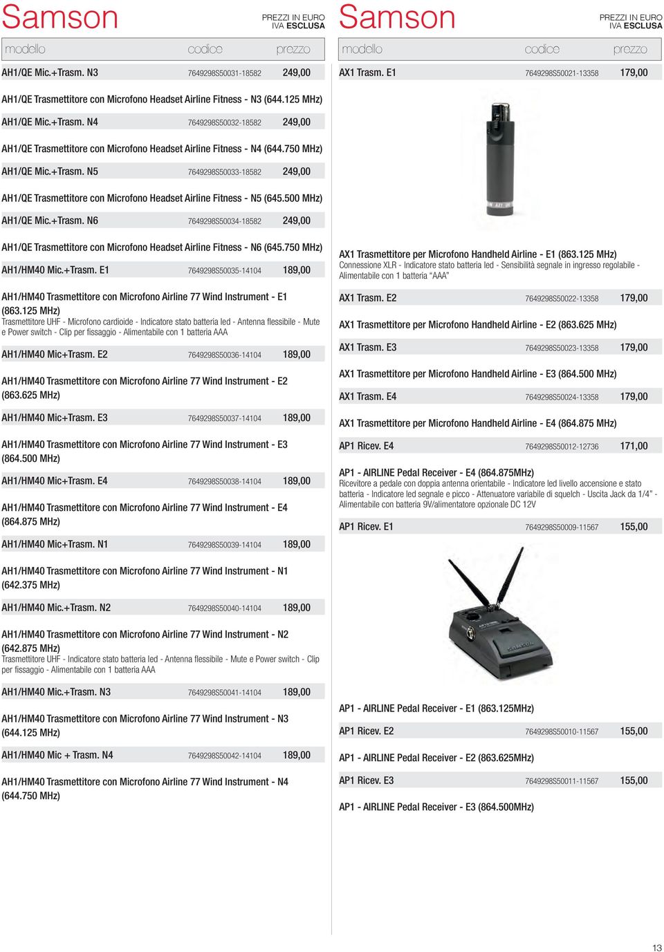 750 MHz) AH1/HM40 Mic.+Trasm. E1 7649298S50035-14104 189,00 AH1/HM40 Trasmettitore con Microfono Airline 77 Wind Instrument - E1 (863.