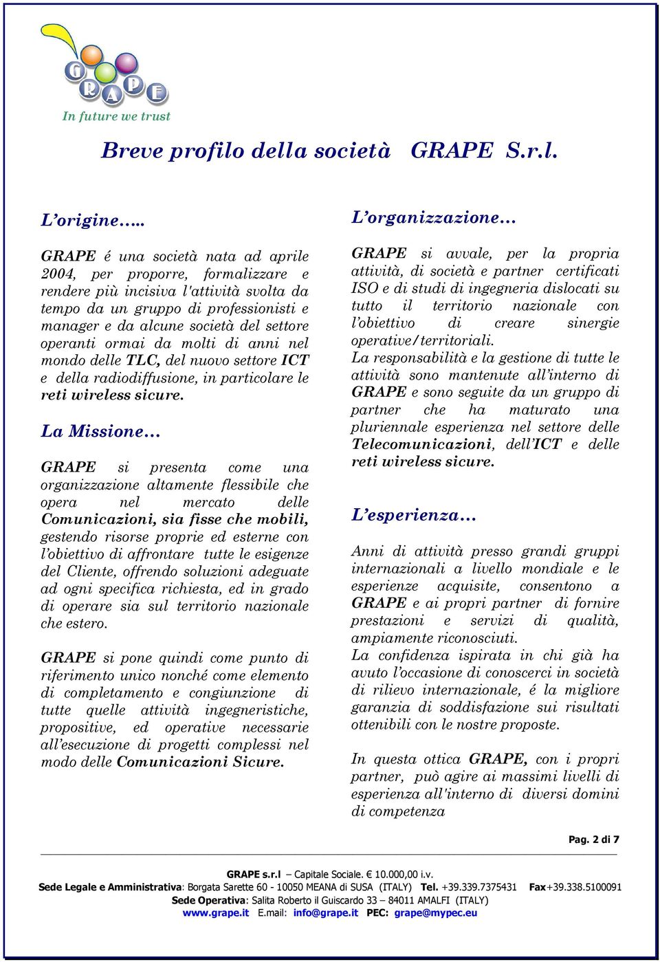 operanti ormai da molti di anni nel mondo delle TLC, del nuovo settore ICT e della radiodiffusione, in particolare le reti wireless sicure.