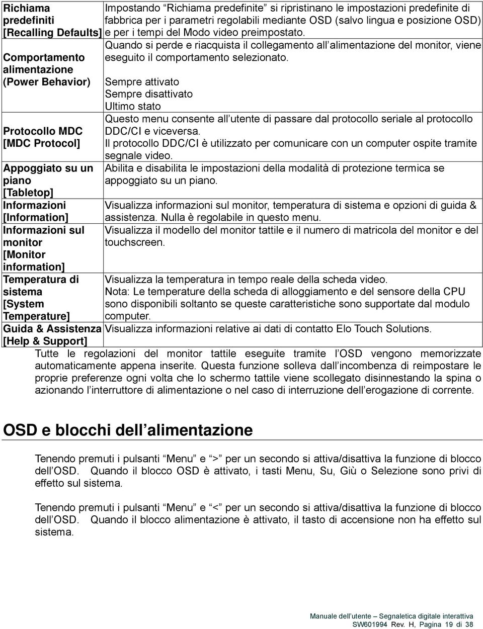 per i parametri regolabili mediante OSD (salvo lingua e posizione OSD) e per i tempi del Modo video preimpostato.