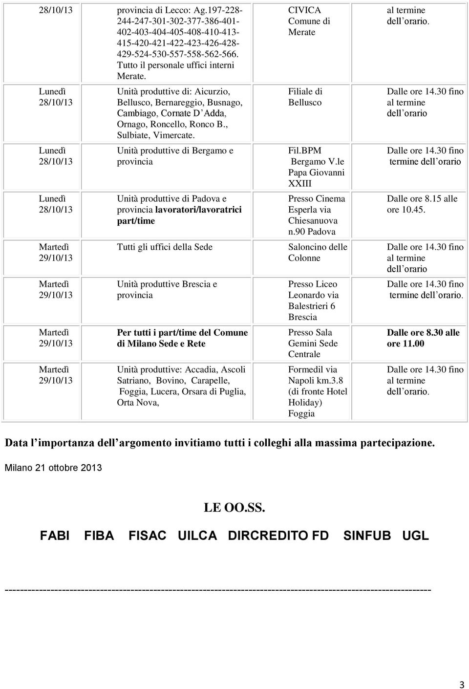 Unità produttive di Bergamo e provincia Unità produttive di Padova e provincia lavoratori/lavoratrici Tutti gli uffici della Sede Unità produttive Brescia e provincia Per tutti i del Comune di Milano