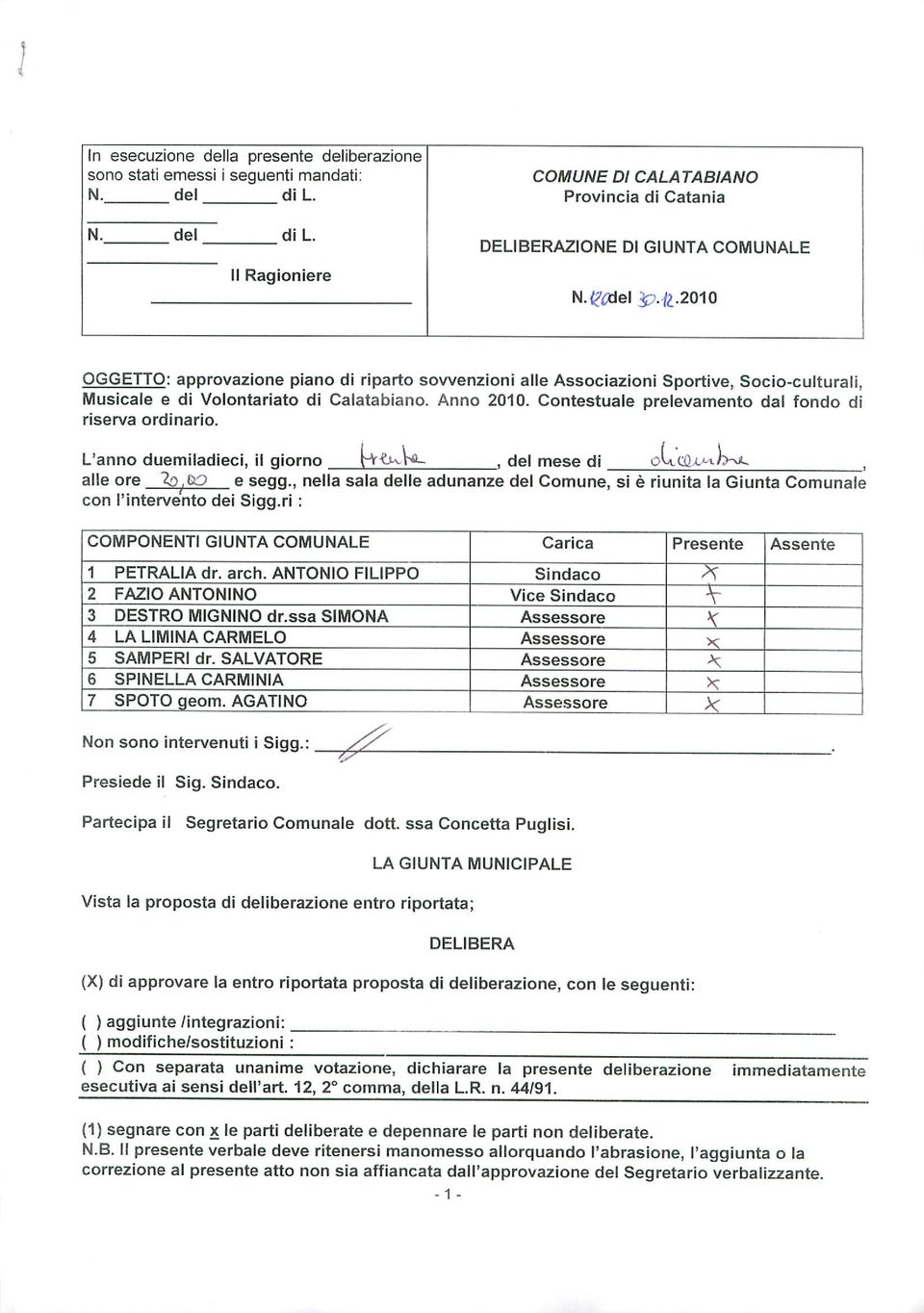 Contestuale prelevamento dal fondo di riserva ordinario. L'anno duemiladieci, il giorno hr s-vu-, del mese di alle ore "te,so e segg.