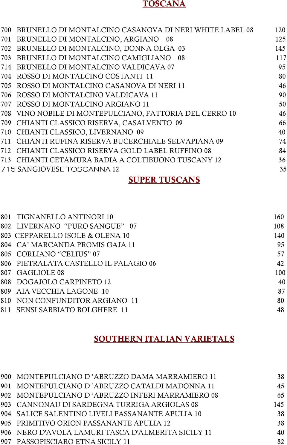 ARGIANO 11 50 708 VINO NOBILE DI MONTEPULCIANO, FATTORIA DEL CERRO 10 46 709 CHIANTI CLASSICO RISERVA, CASALVENTO 09 66 710 CHIANTI CLASSICO, LIVERNANO 09 40 711 CHIANTI RUFINA RISERVA BUCERCHIALE