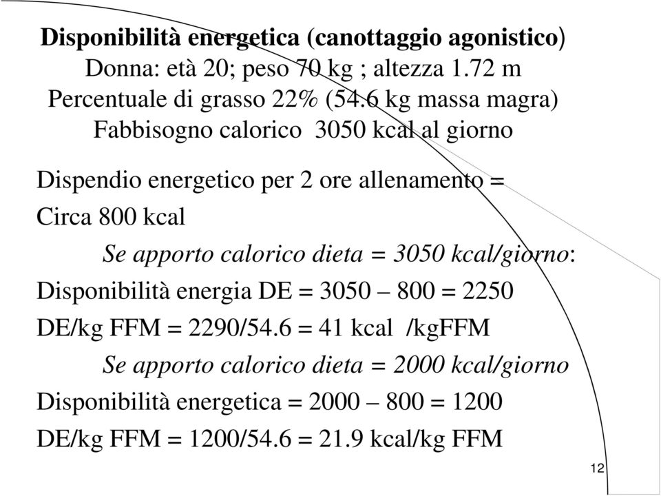 apporto calorico dieta = 3050 kcal/giorno: Disponibilità energia DE = 3050 800 = 2250 DE/kg FFM = 2290/54.