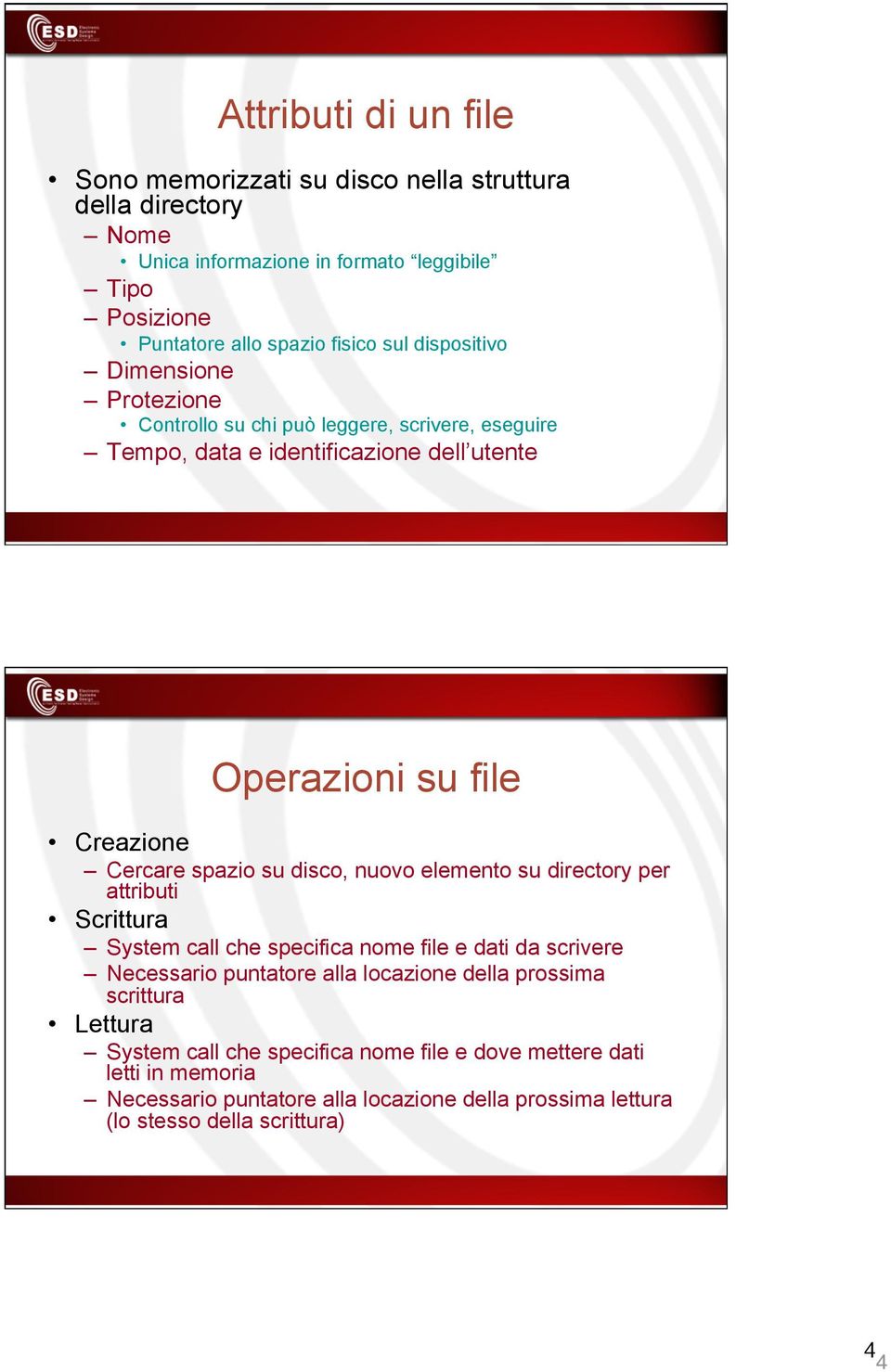 disco, nuovo elemento su directory per attributi Scrittura System call che specifica nome file e dati da scrivere Necessario puntatore alla locazione della prossima