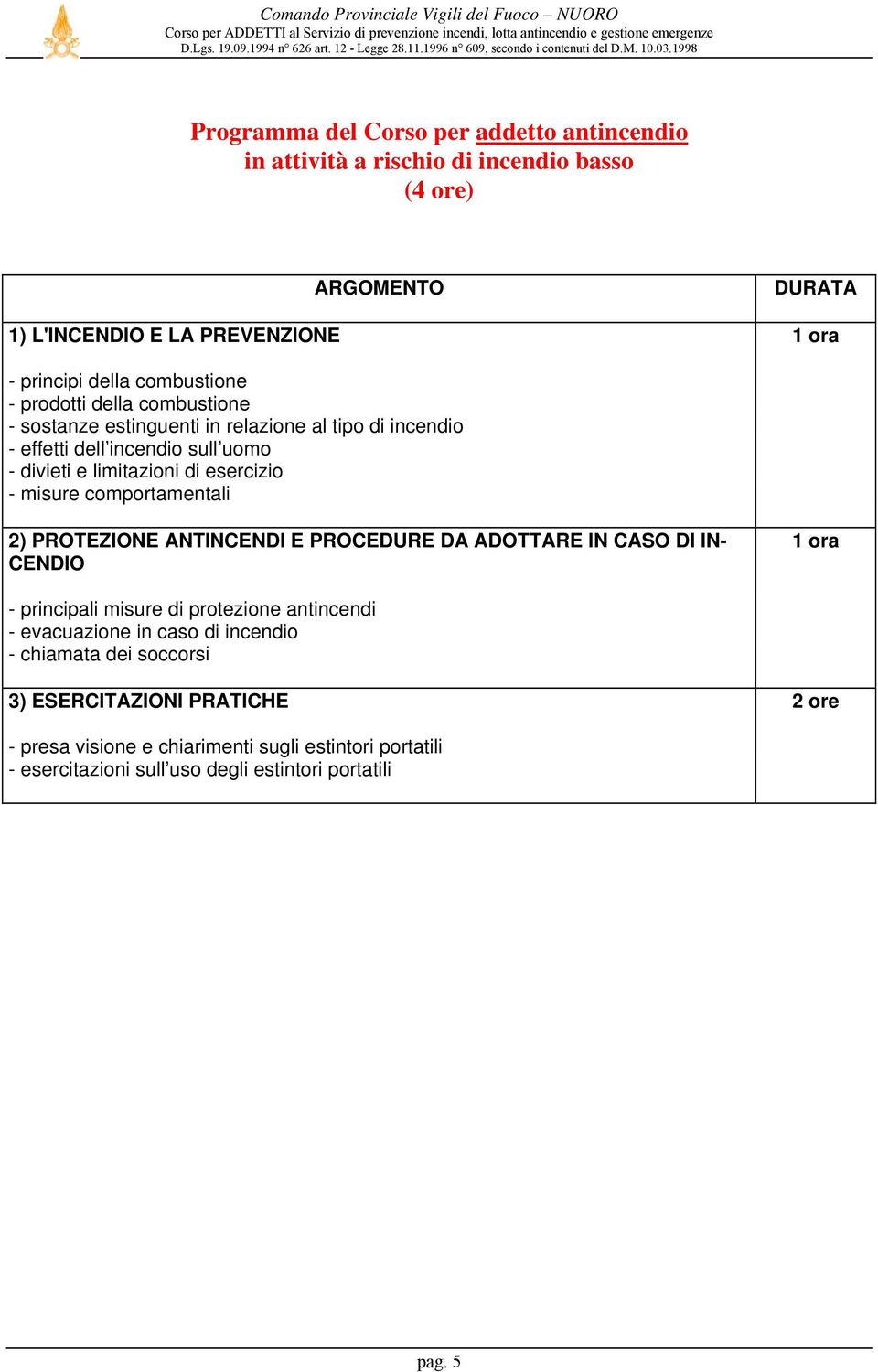 misure comportamentali 2) PROTEZIONE ANTINCENDI E PROCEDURE DA ADOTTARE IN CASO DI IN- CENDIO 1 ora - principali misure di protezione antincendi - evacuazione in caso di