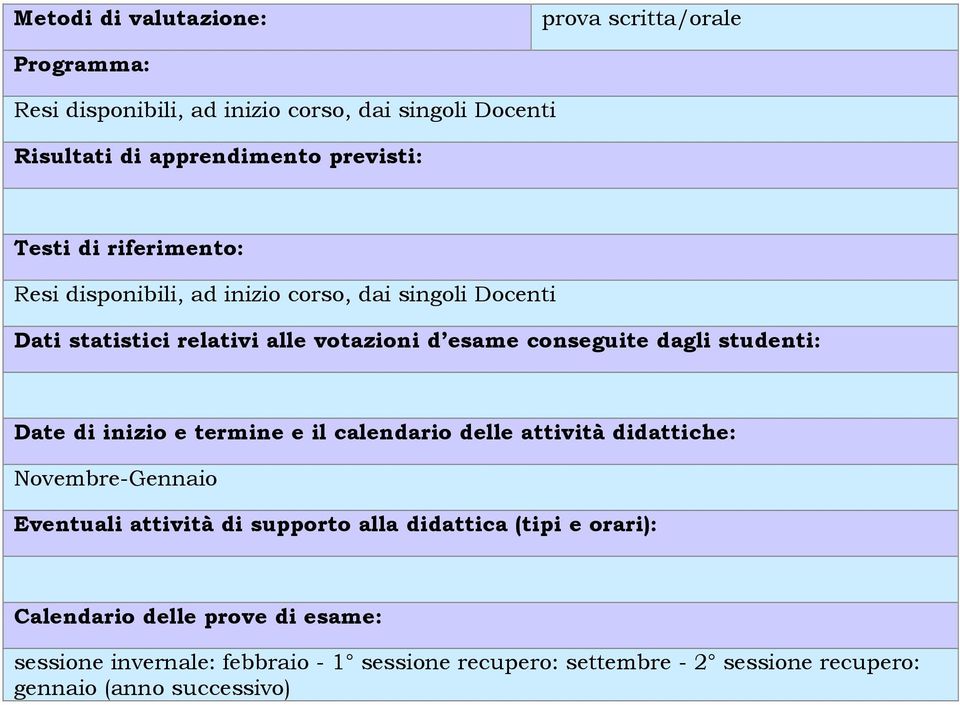 attività didattiche: Novembre-Gennaio Eventuali attività di supporto alla didattica (tipi e orari): Calendario delle