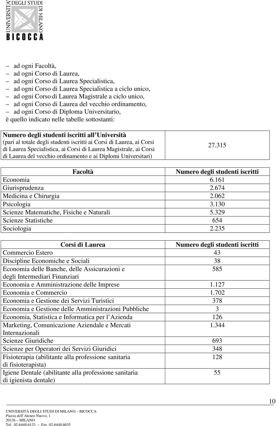 iscritti ai Corsi di Laurea, ai Corsi di Laurea Specialistica, ai Corsi di Laurea Magistrale, ai Corsi di Laurea del vecchio ordinamento e ai Diplomi Universitari) 27.