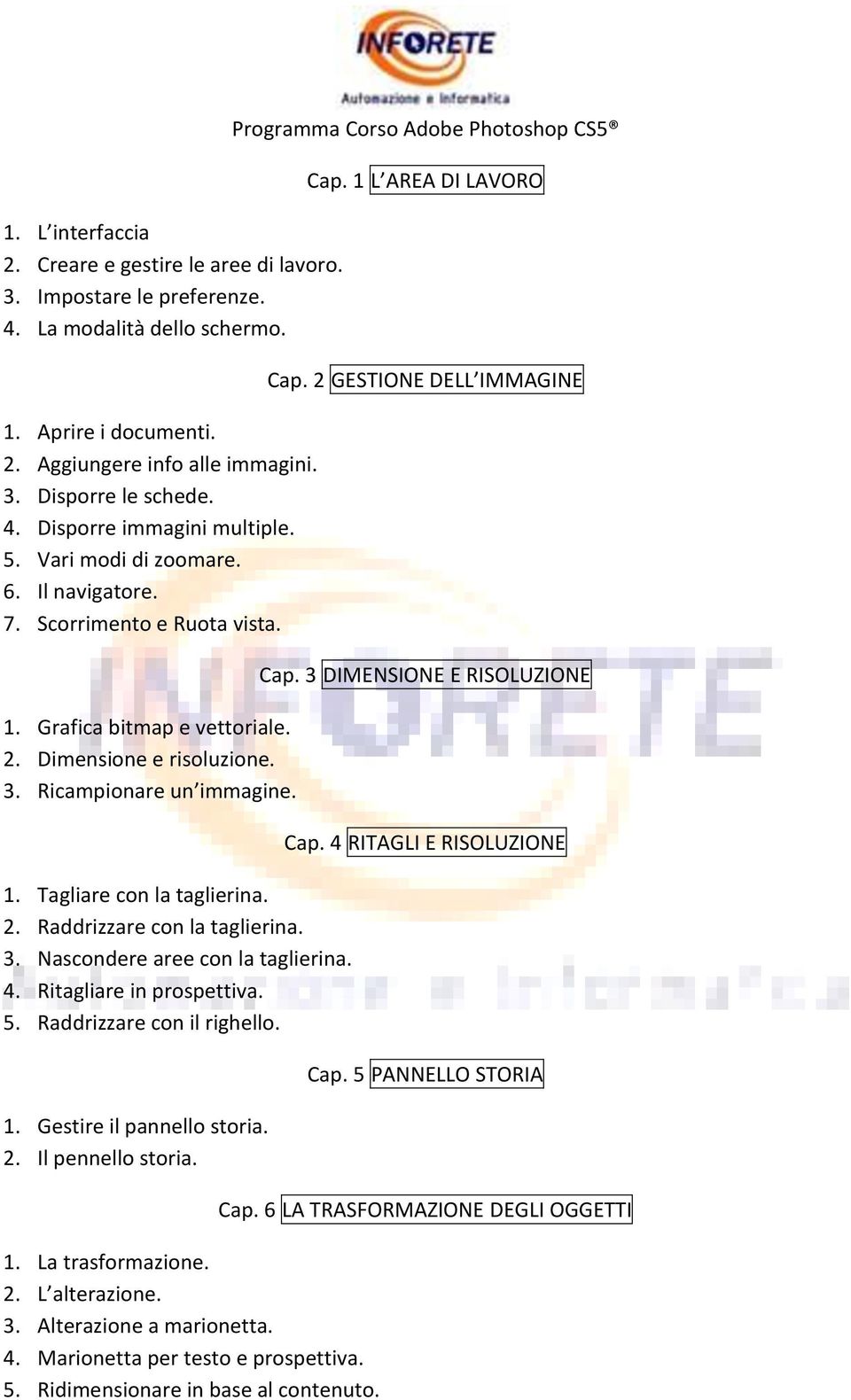 3. Nascondere aree con la taglierina. 4. Ritagliare in prospettiva. 5. Raddrizzare con il righello. 1. Gestire il pannello storia. 2. Il pennello storia. 1. La trasformazione. 2. L alterazione. 3.