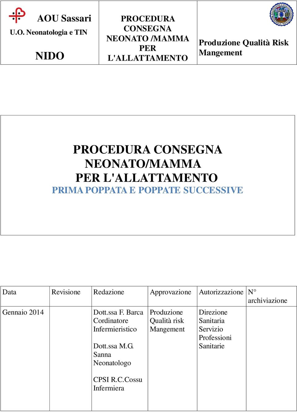 Approvazione Autorizzazione N archiviazione Gennaio 2014 Dott.ssa F. Barca Cordinatore Infermieristico Dott.ssa M.G. Sanna Neonatologo CPSI.